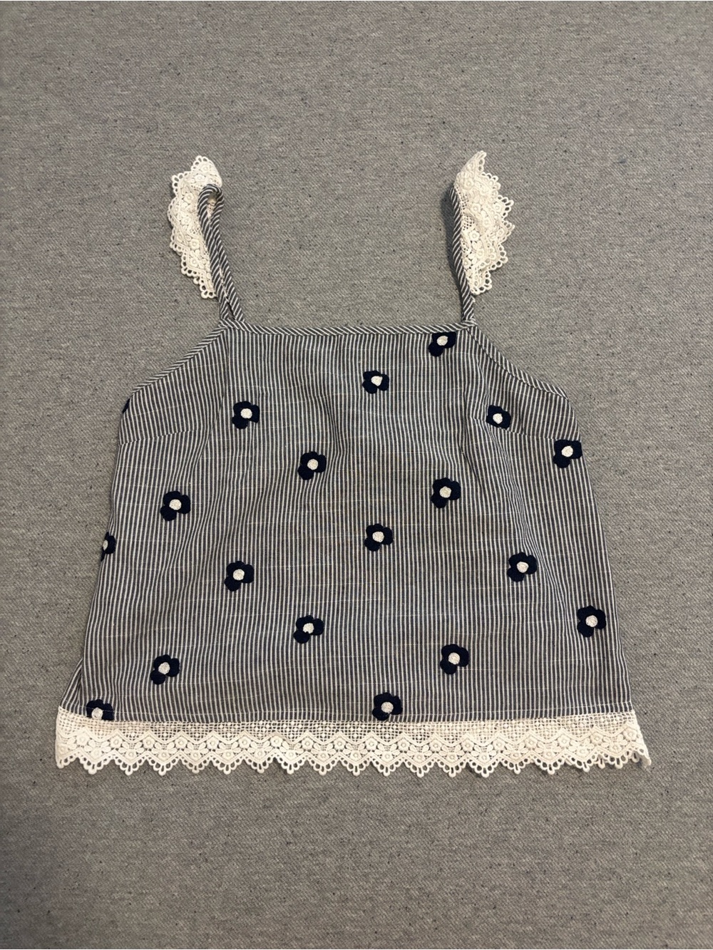 Alice Blue Navy Floral Embroidered Stripe Cami with Cream Lace